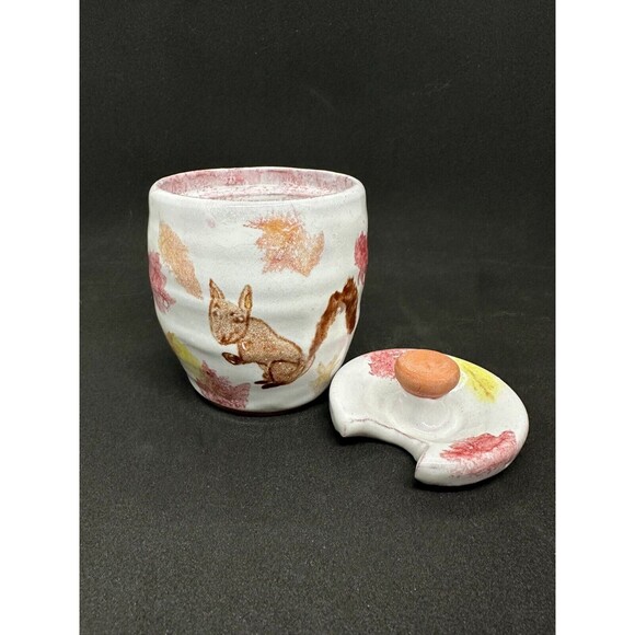 Studio Art Pottery Lidded Sugar Jar Handmade Bowl Pot Squirrel Painted Crayon - Picture 7 of 10
